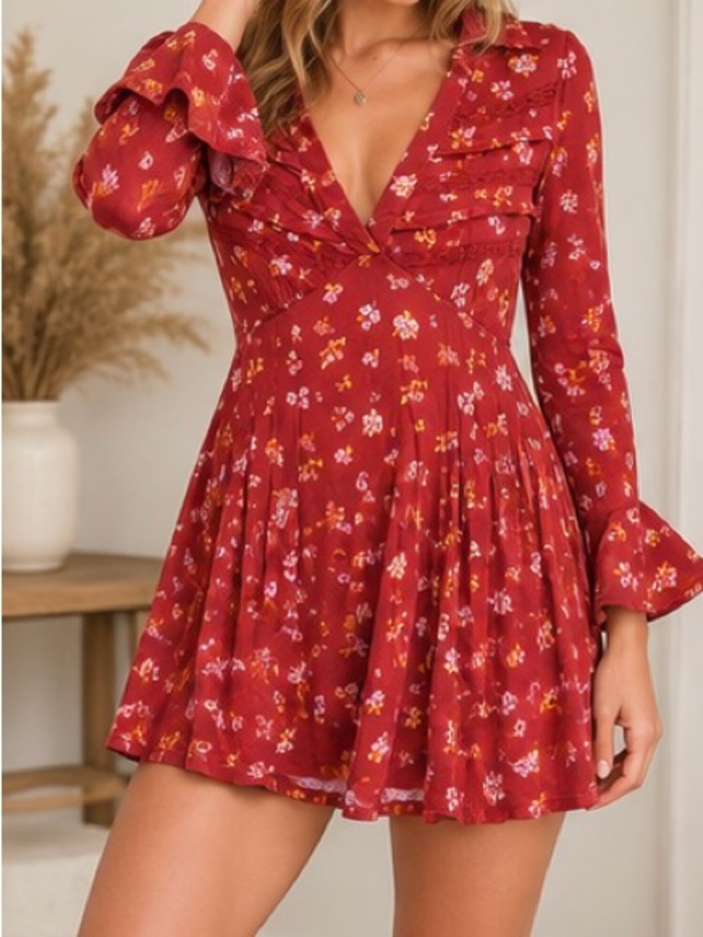 NWT Free People Good Days Mini Dress Red Floral Long Sleeve M